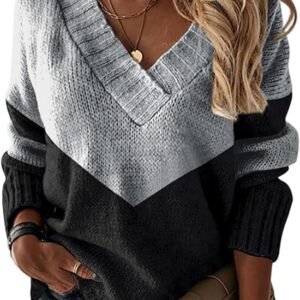 Pullover Sweaters for Women Trendy V Neck Long Sleeve Color Block Lightweight Fall Casual Knit Tops