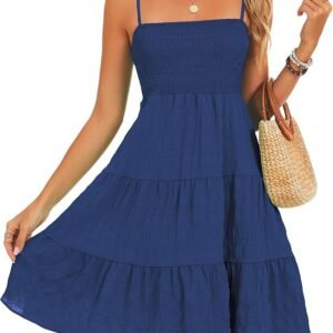 RANPHEE Womens Casual Summer Spaghetti Strap Smocked A Line Beach Vacation Sun Dress Above The Knee