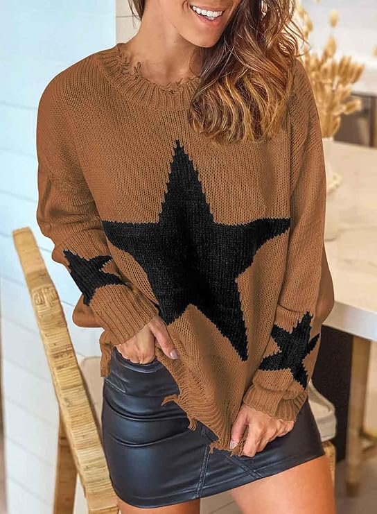 Women's Chic and Elegant Crew Neck Cute Star Long Sleeve Winterjumper - Image 4